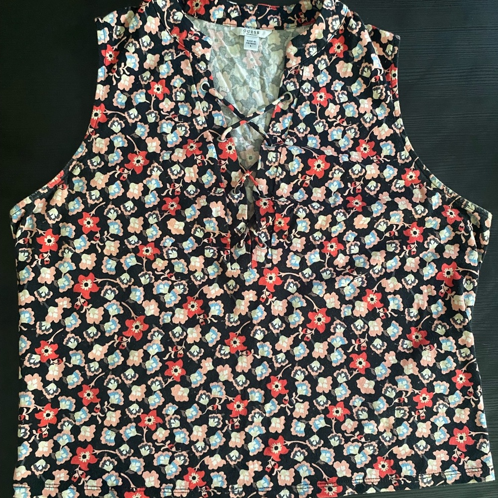 Guess Top: floral lace up crop tank top